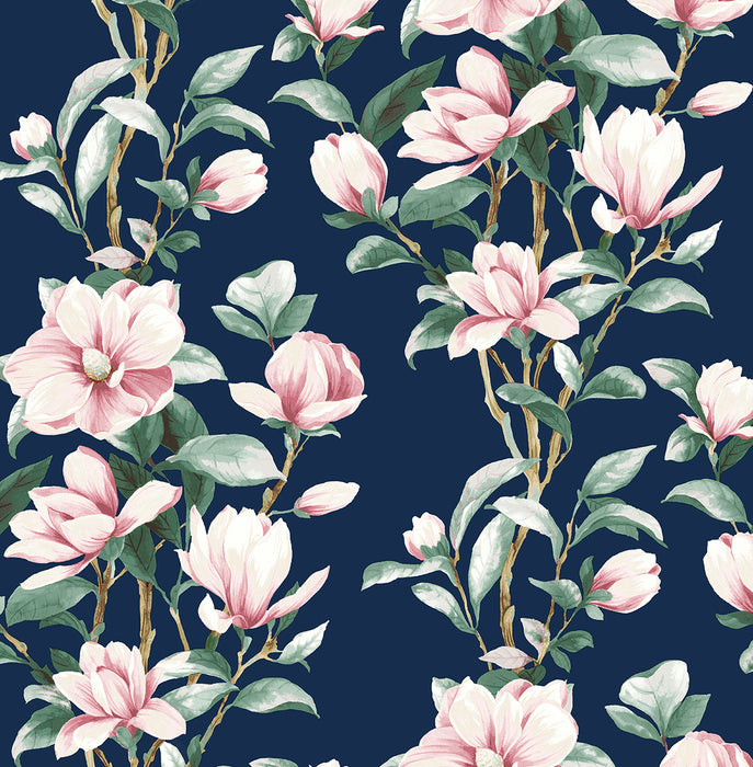 NextWall Magnolia Trail Navy & Blush Wallpaper Sample NW41402