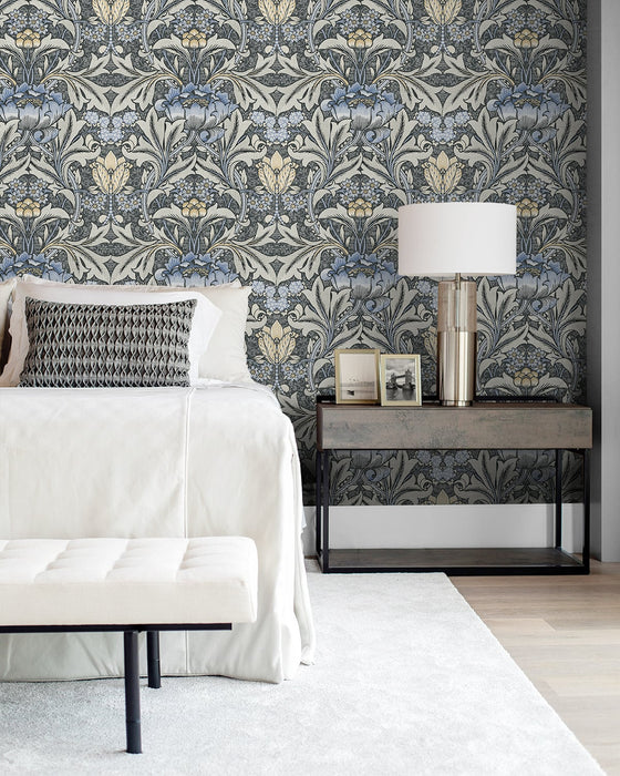 NextWall Acanthus Floral Charcoal & Carolina Blue Wallpaper Sample NW41500