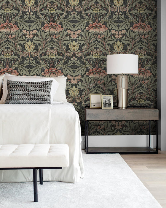 NextWall Acanthus Floral Charcoal & Rosewood Wallpaper NW41501