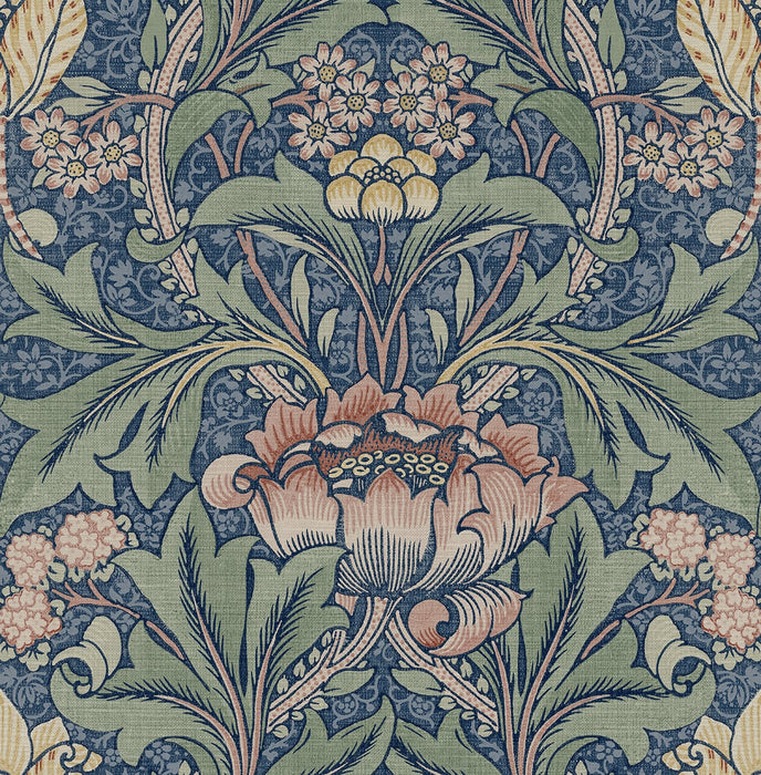 NextWall Acanthus Floral Denim Blue & Salmon Wallpaper Sample NW41502