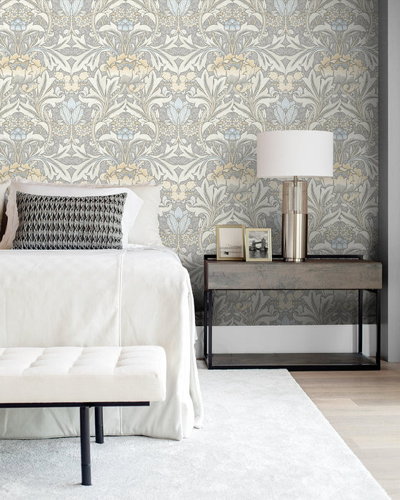 NextWall Acanthus Floral Daydream Grey & Pearl Blue Wallpaper Sample NW41508