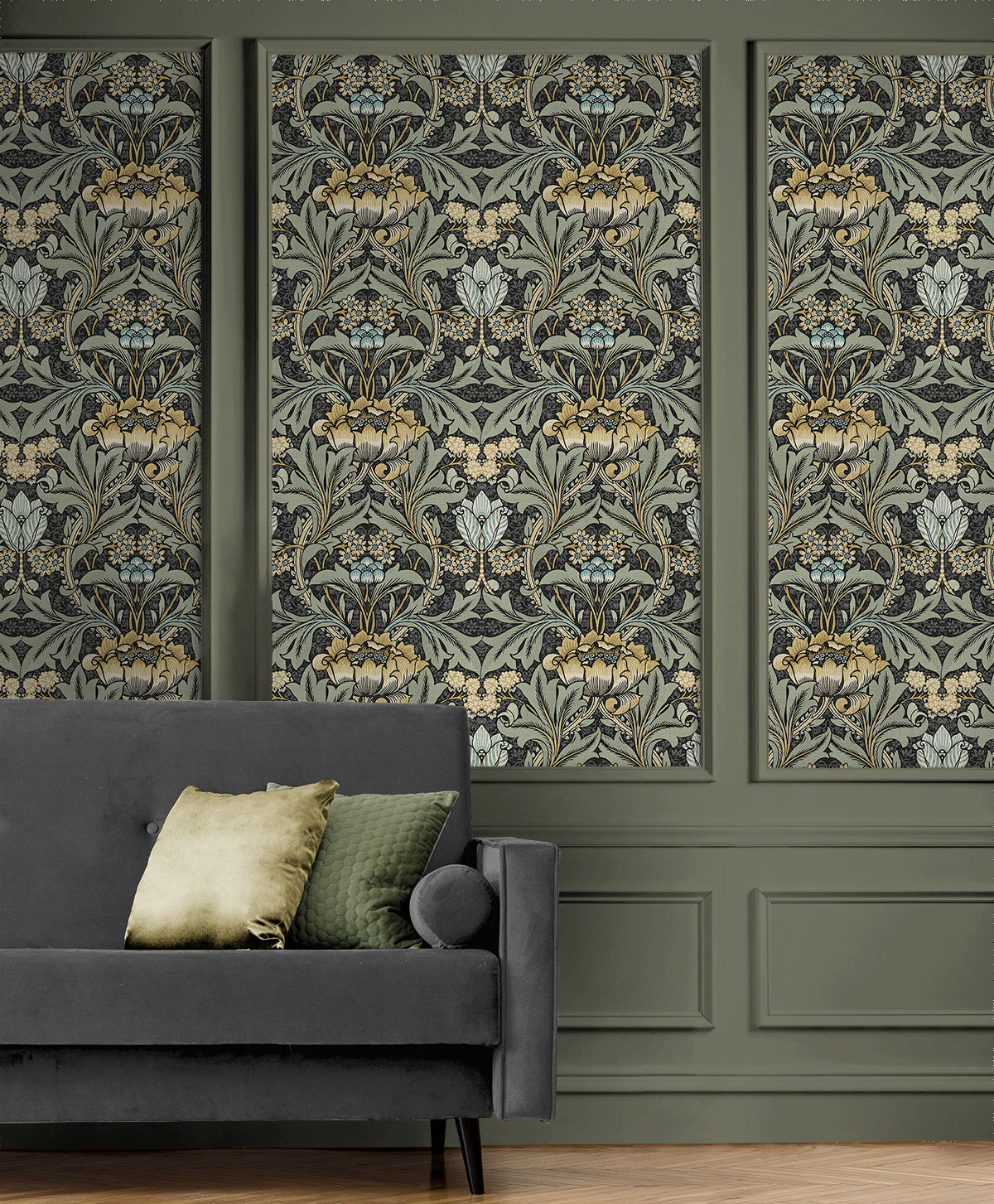 NextWall Acanthus Floral Charocal & Goldenrod Wallpaper NW41510