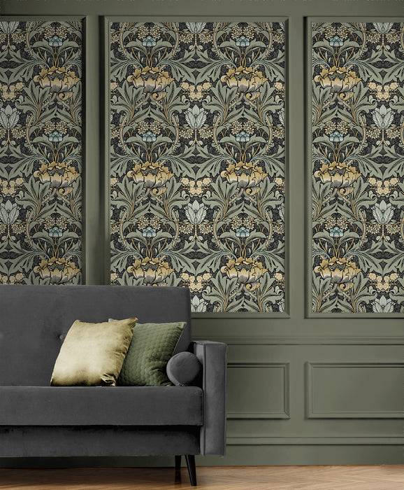 NextWall Acanthus Floral Charocal & Goldenrod Wallpaper Sample NW41510