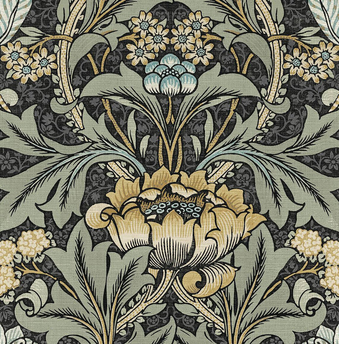 NextWall Acanthus Floral Charocal & Goldenrod Wallpaper Sample NW41510