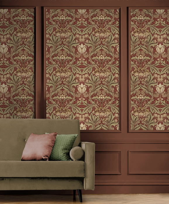 NextWall Acanthus Floral Red Clay & Lichen Wallpaper NW41511