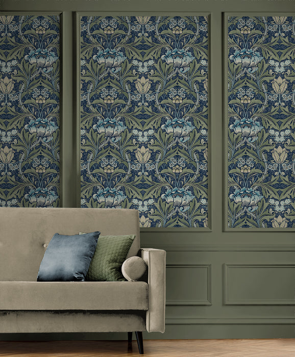 NextWall Acanthus Floral Denim & Sage Wallpaper NW41512