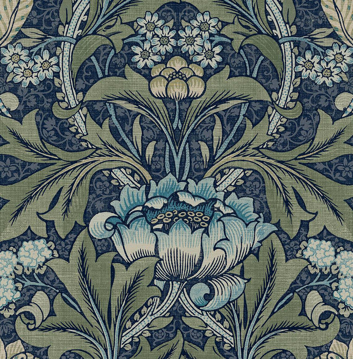 NextWall Acanthus Floral Denim & Sage Wallpaper Sample NW41512