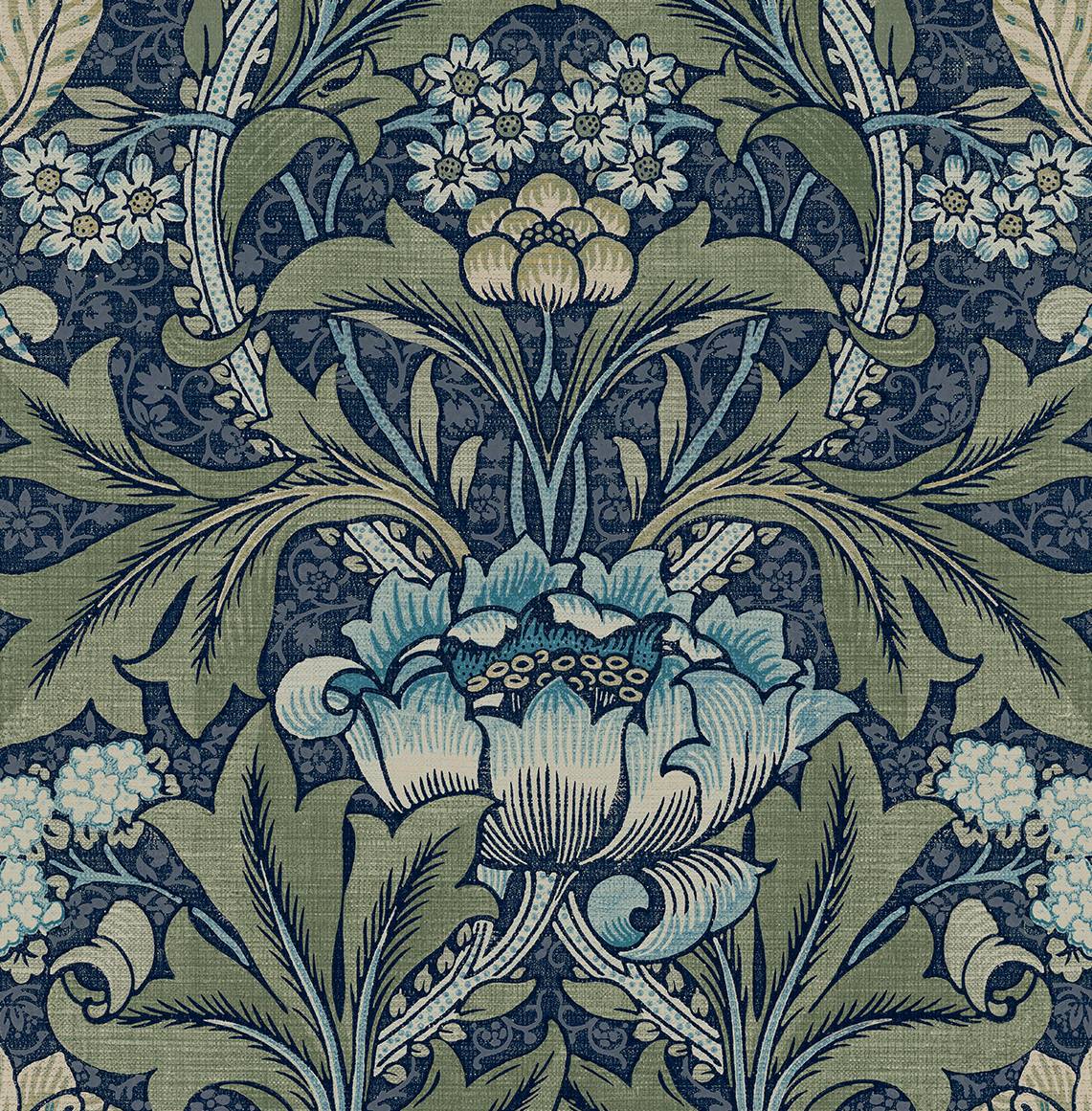 NextWall Acanthus Floral Denim & Sage Wallpaper NW41512