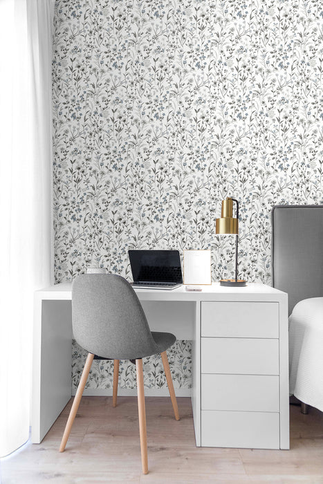 NextWall Wildflowers Charcoal & Bluestone Wallpaper Sample NW41900