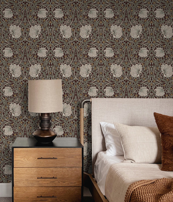 NextWall Pimpernel Floral Auburn & Eucalyptus Wallpaper Sample NW42401