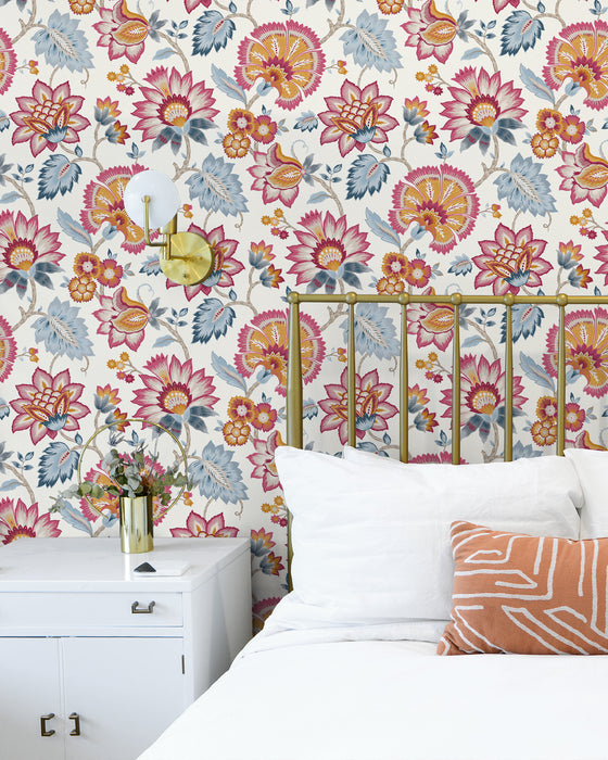 NextWall Jacobean Blossom Floral Fandango Pink & Bluebird Wallpaper NW42701