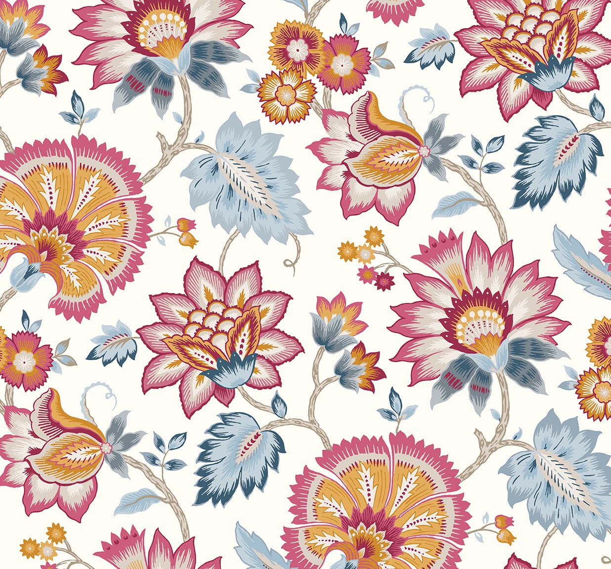 NextWall Jacobean Blossom Floral Fandango Pink & Bluebird Wallpaper NW42701