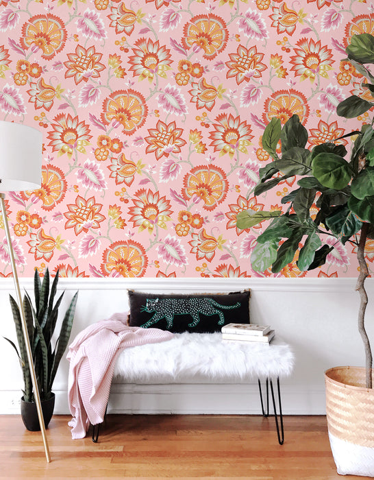 NextWall Jacobean Blossom Floral Bubblegum Pink Wallpaper Sample NW42706