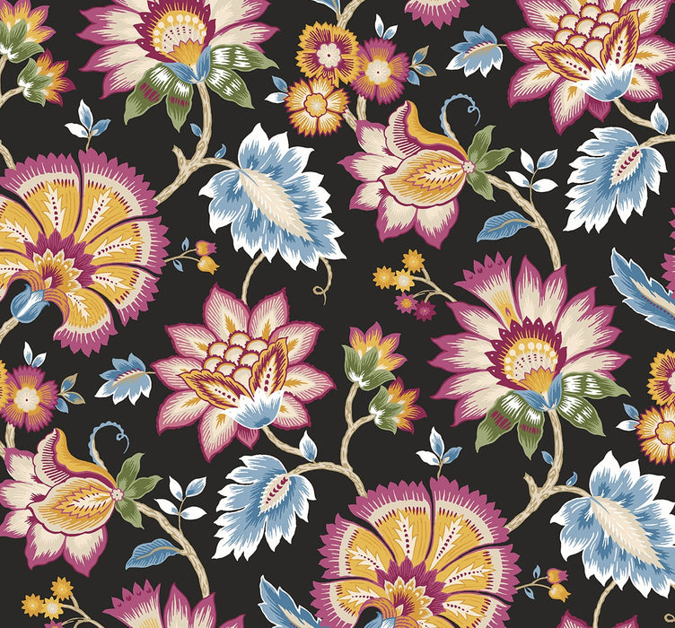 NextWall Jacobean Blossom Floral Cosmic Black Wallpaper Sample NW42721