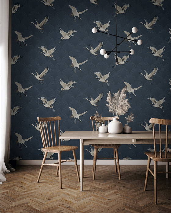 NextWall Cranes Denim Blue Wallpaper Sample NW42802