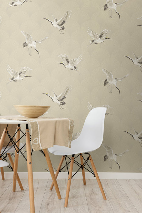 NextWall Cranes Alba Beige Wallpaper Sample NW42810