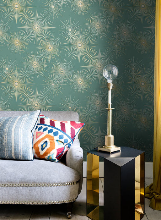 NextWall Starburst Geo Teal & Metallic Gold Wallpaper NW43104