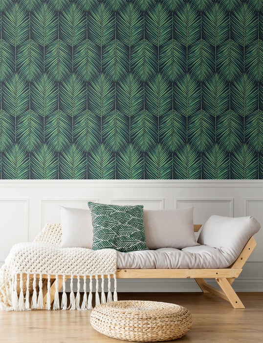 NextWall Tropic Palm Midnight Blue & Sea Green Wallpaper NW43204