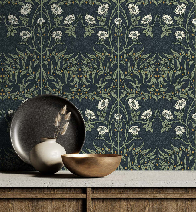 NextWall Stenciled Floral Navy & Sage Wallpaper Sample NW43902