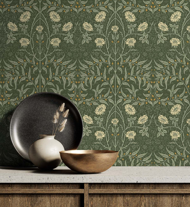 NextWall Stenciled Floral Evergreen Wallpaper NW43904