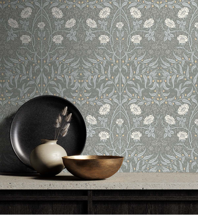 NextWall Stenciled Floral Alloy Grey Wallpaper Sample NW43908