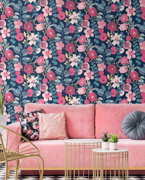 NextWall Garden Dance Navy & Magenta Wallpaper NW44002