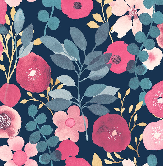 NextWall Garden Dance Navy & Magenta Wallpaper Sample NW44002