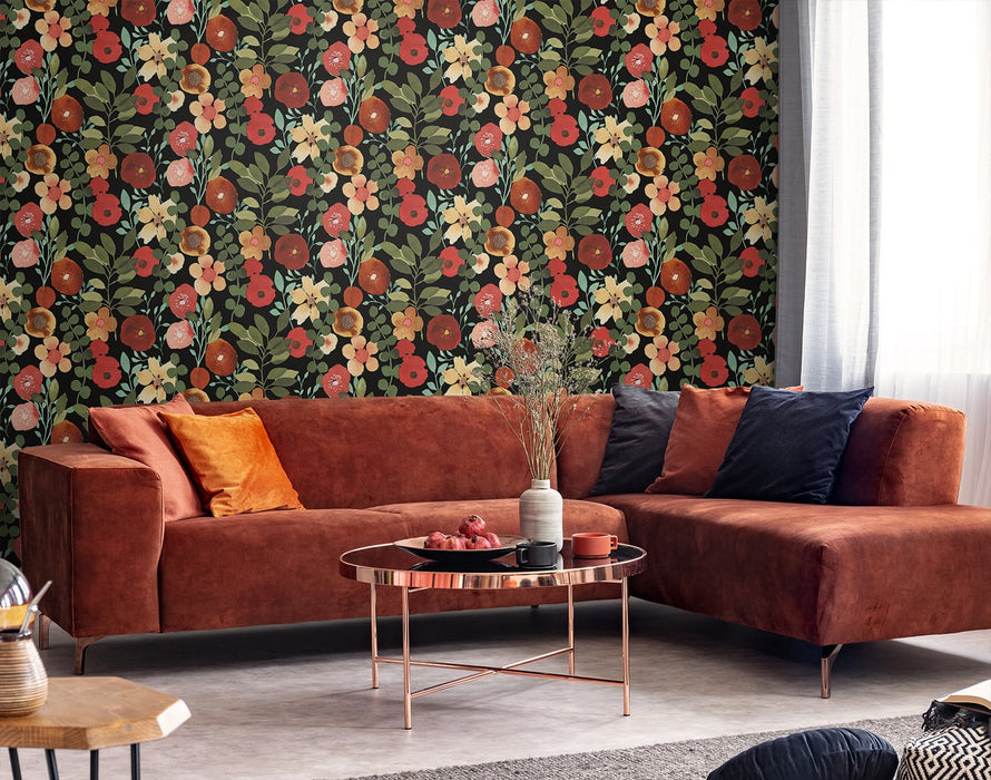 NextWall Garden Dance Jet Black & Ruby Wallpaper Sample NW44005