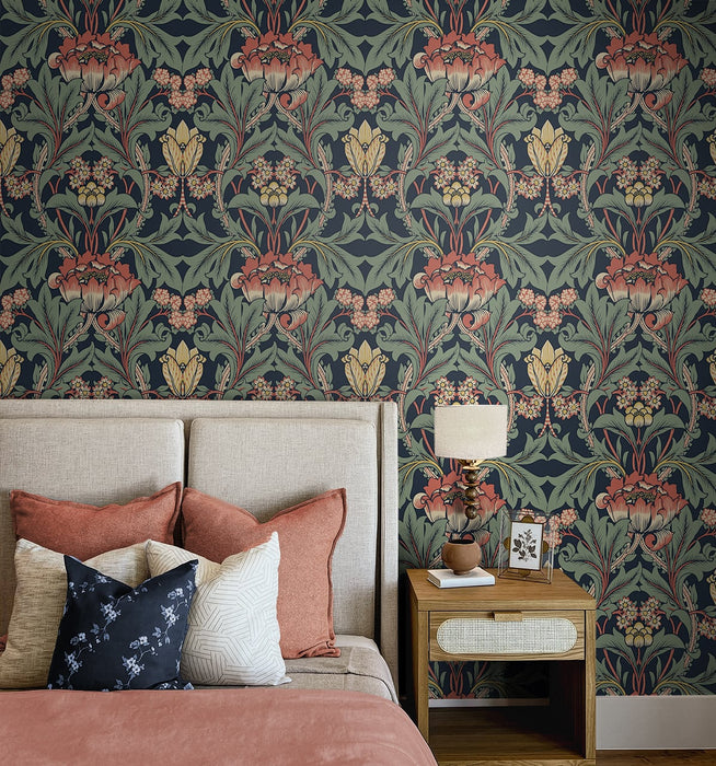 NextWall Primrose Floral Denim Blue & Auburn Wallpaper NW44402