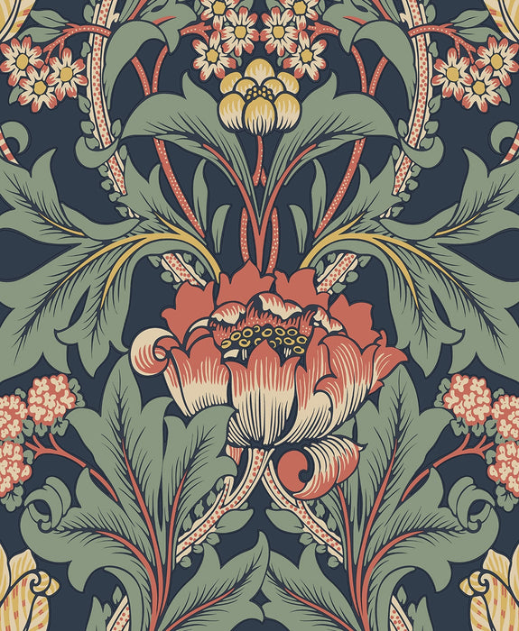 NextWall Primrose Floral Denim Blue & Auburn Wallpaper Sample NW44402