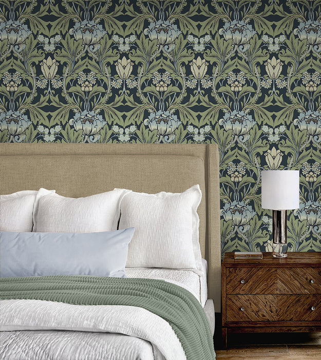 NextWall Primrose Floral Midnight Blue & Sage Wallpaper NW44412