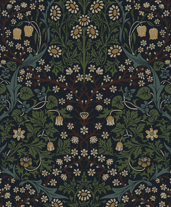 NextWall Victorian Garden Midnight Blue & Evergreen Wallpaper Sample NW44522