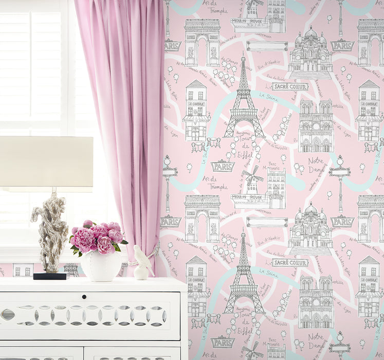 NextWall Paris Scene Pale Pink Wallpaper Sample NW44801