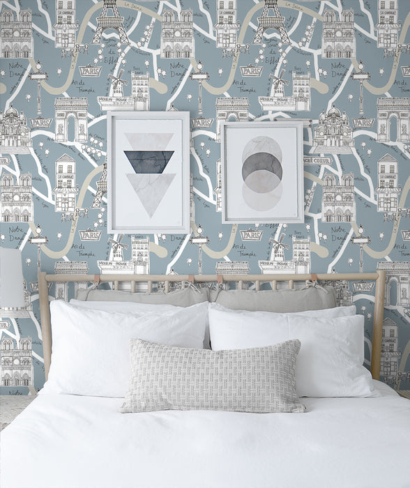 NextWall Paris Scene Smokey Blue Wallpaper Sample NW44802