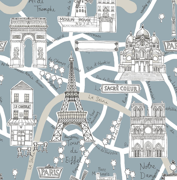 NextWall Paris Scene Smokey Blue Wallpaper Sample NW44802