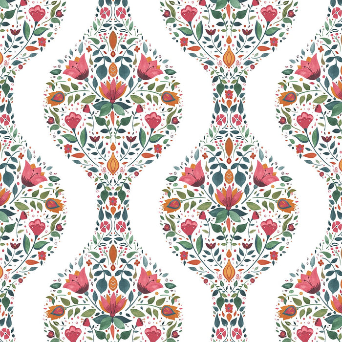 NextWall Floral Ogee Rose Pink & Spruce Wallpaper Sample NW45001