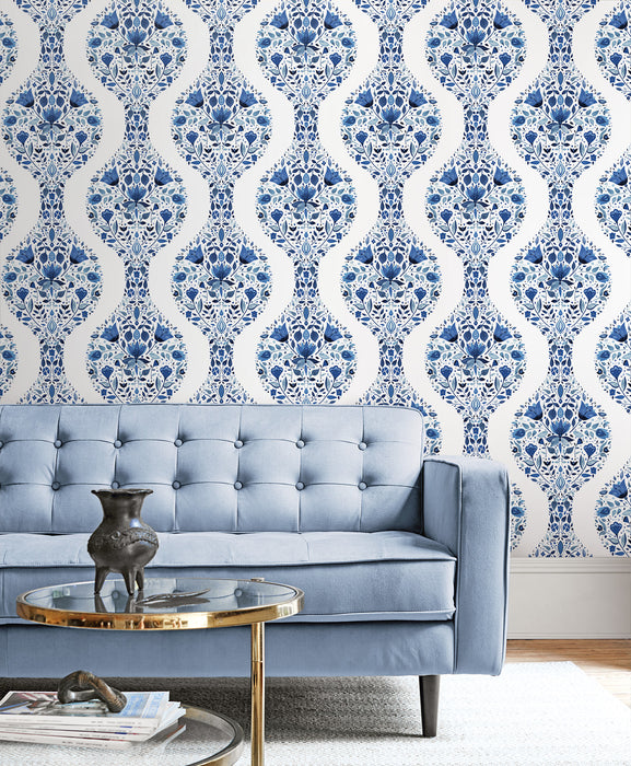 NextWall Floral Ogee Bluestone Wallpaper Sample NW45002