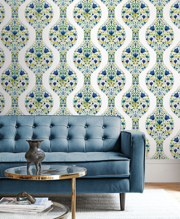 NextWall Floral Ogee Cobalt & Spring Green Wallpaper Sample NW45004