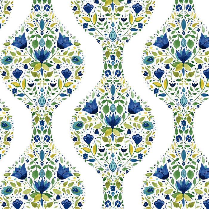 NextWall Floral Ogee Cobalt & Spring Green Wallpaper Sample NW45004