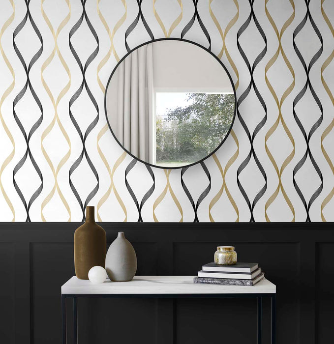 NextWall Ogee Ribbon Metallic Gold & Ebony Wallpaper Sample NW45100