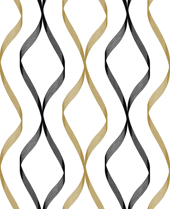 NextWall Ogee Ribbon Metallic Gold & Ebony Wallpaper Sample NW45100