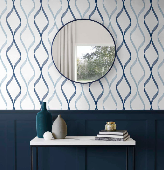 NextWall Ogee Ribbon Celtic Blue & Dewdrop Wallpaper Sample NW45102