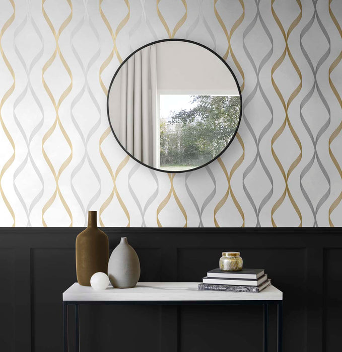 NextWall Ogee Ribbon Silver & Gold Wallpaper NW45105