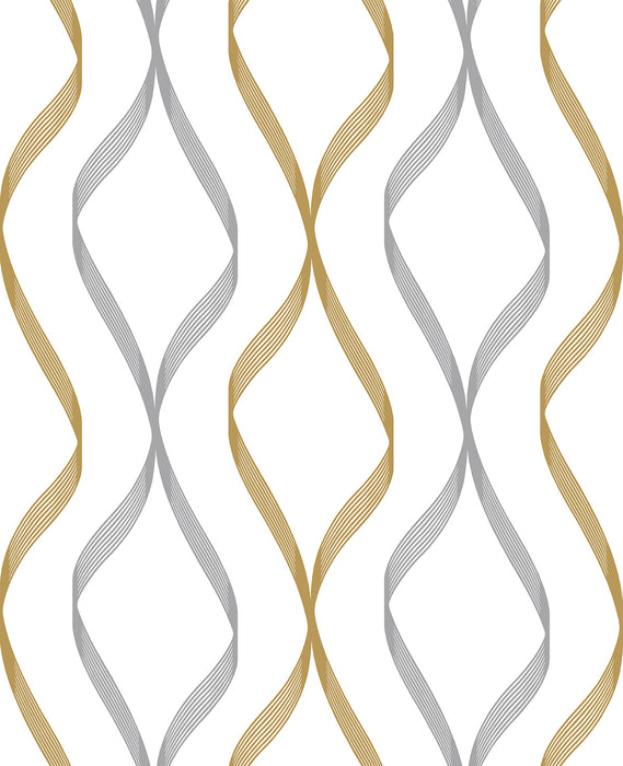 NextWall Ogee Ribbon Silver & Gold Wallpaper Sample NW45105