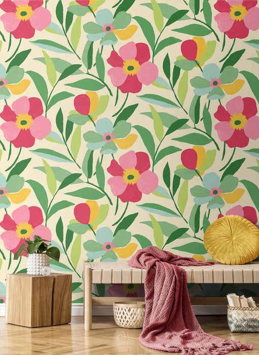 NextWall Garden Block Floral Pink & Kelly Green Wallpaper Sample NW45301