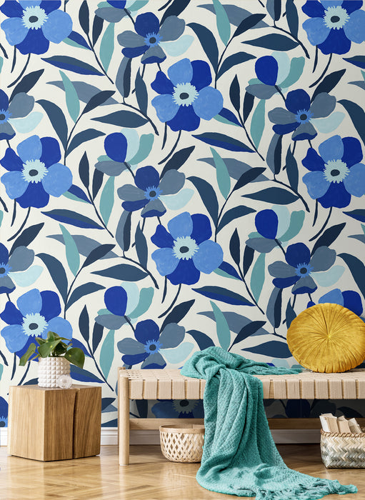 NextWall Garden Block Floral Cobalt Blue & Lagoon Wallpaper Sample NW45302