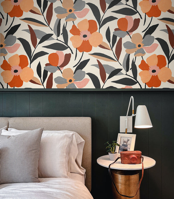 NextWall Garden Block Floral Orange & Ebony Wallpaper Sample NW45306