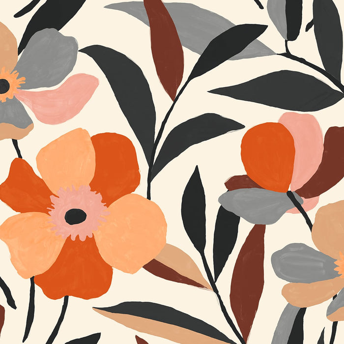 NextWall Garden Block Floral Orange & Ebony Wallpaper Sample NW45306