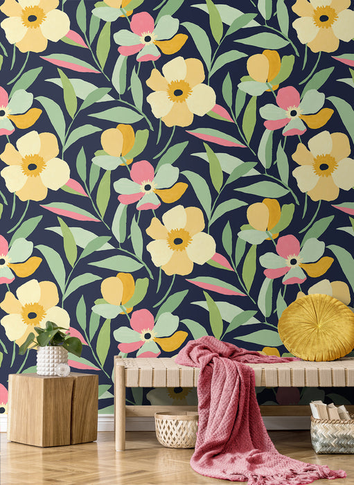 NextWall Garden Block Floral Deep Navy & Pastels  Wallpaper Sample NW45309