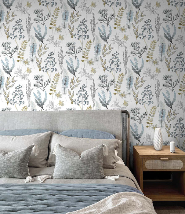 NextWall Wild Garden Glacier Blue & Matte Brass Wallpaper Sample NW45404